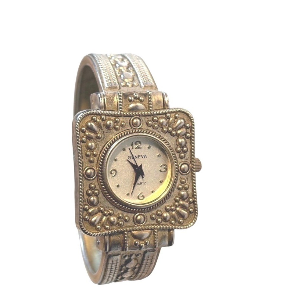 Geneva SW-174 Silver Tone Ornate Square Face Cuff Bangle Watch NEW Battery